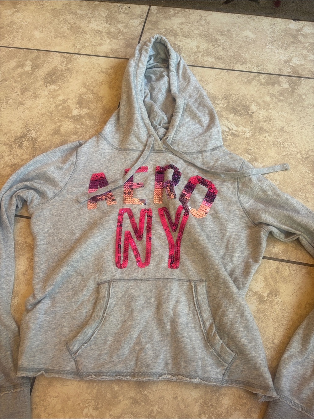 Aeropostale Cropped Gray Hoodie with Pink Sequin AERO NY